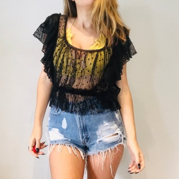 Free People black mesh polka dot ruffle top - Picture 2 of 7